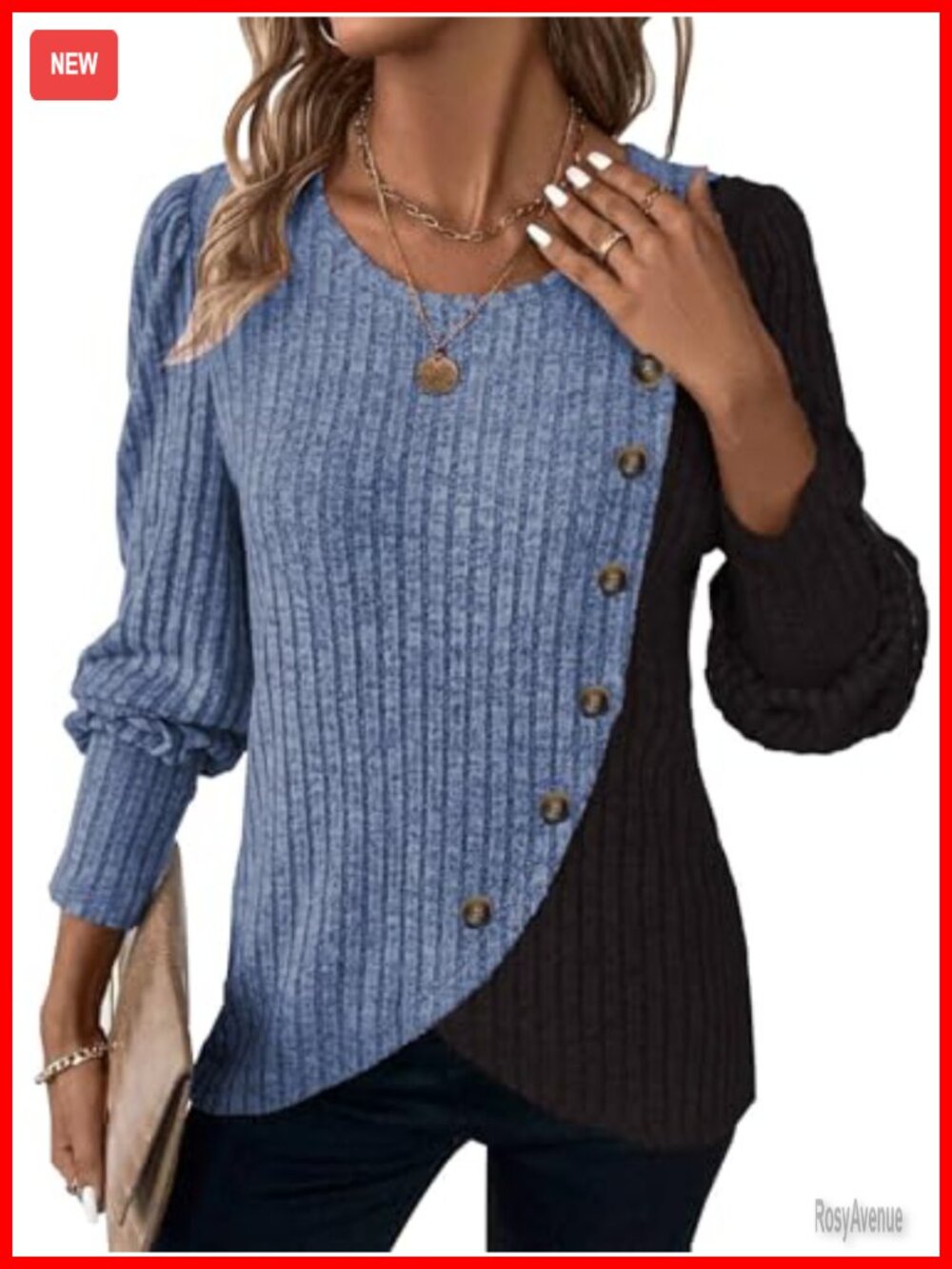 Womens Knit Sweater Long Sleeve Ribbed Colorblock Button Pullover Top